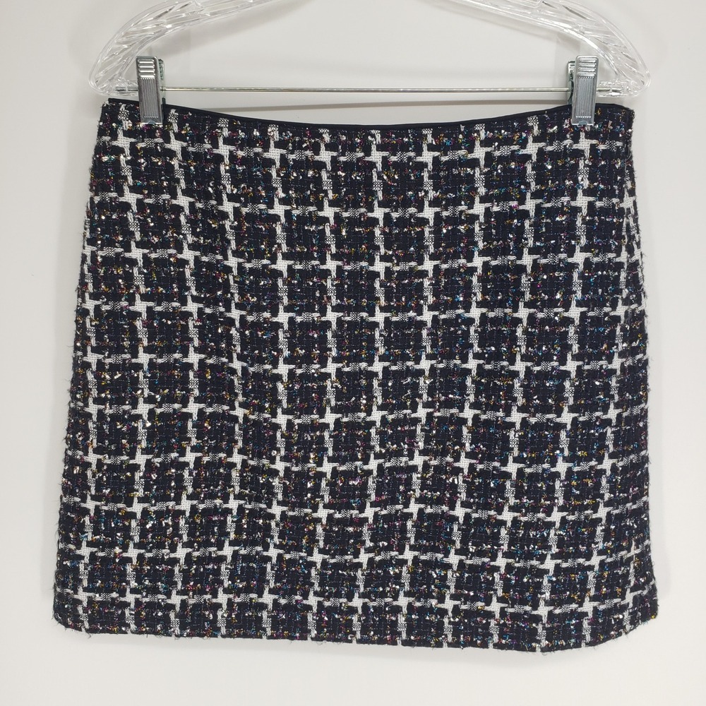 LOFT Metallic Houndstooth Tweed Mini Skirt Women Size 8 Black Multi Sparkle